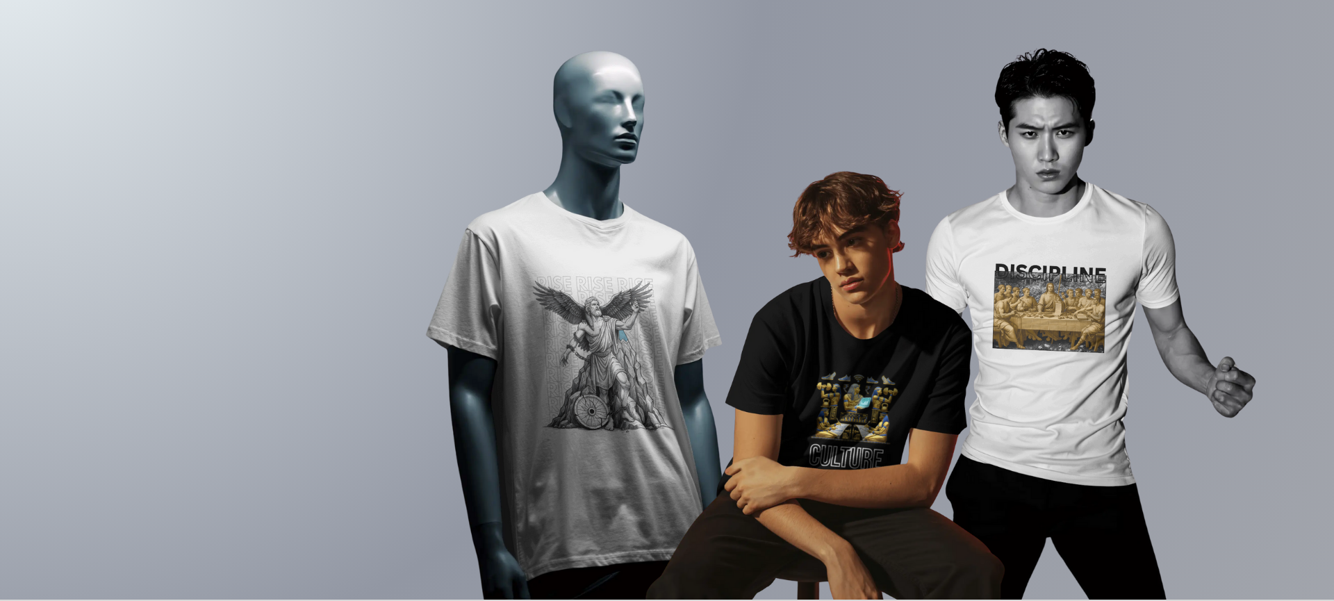 Two people wearing t-shirts with graphic designs, one on a mannequin, against a plain background.